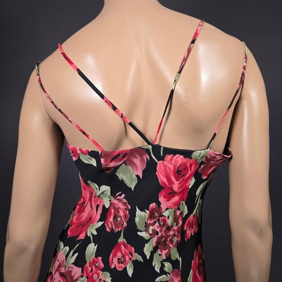 Vintage 90s Y2K Rose Print Black Midi Dress Size 8 Sleeveless Asymmetric Hem - Picture 6 of 9